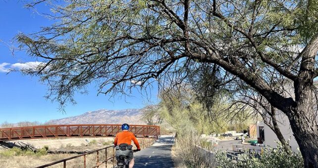 Views of the surrounding Santa Catalina Mountains serve as a backdrop along much of the Cañada del Oro River Park Trail in Oro Valley. The 11-mile route makes up one section of the Chuck Huckelberry Loop in Tucson. | Photo by Cindy Barks