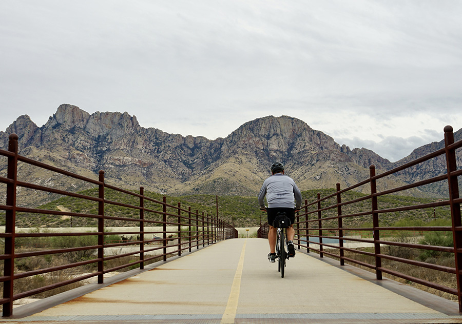 The Cañada del Oro River Park Trail offers a view of the Pusch Ridge of the Santa Catalina Mountains. | Photo by Cindy Barks