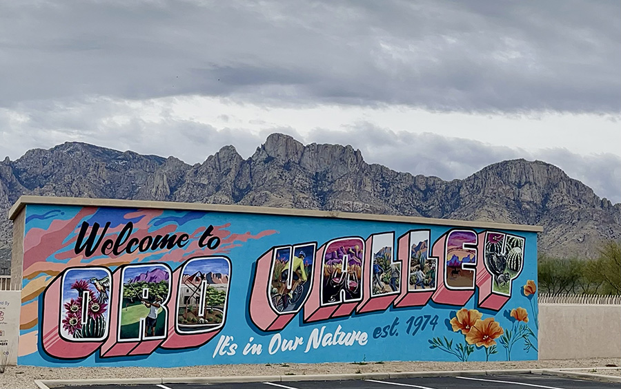 The Santa Catalina Mountains border the Oro Valley Marketplace and Oro Valley mural, located just across the street from the Cañada del Oro River Park Trail. | Photo by Cindy Barks