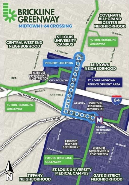 Graphic showing the proposed Brickline Greenway’s pedestrian bridge to connect City Foundry and Armory STL. | Image courtesy Great Rivers Greenway