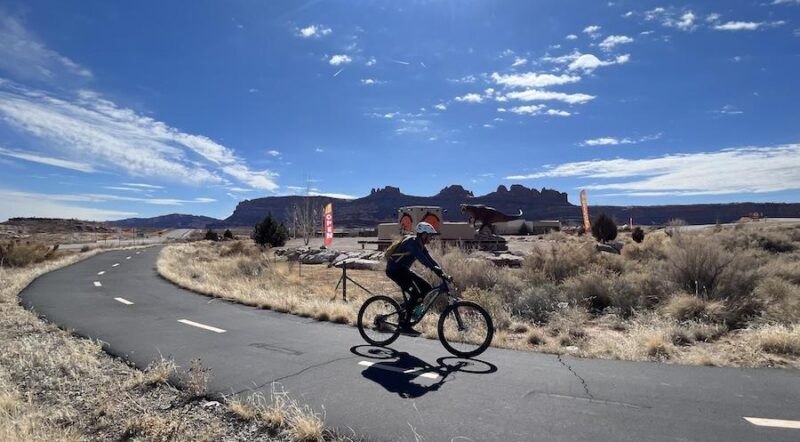 The northern end of the trail passes Moab Giants Dinosaur Park, which offers dinosaur experiences and the Giants Café. Photo by Cindy Barks