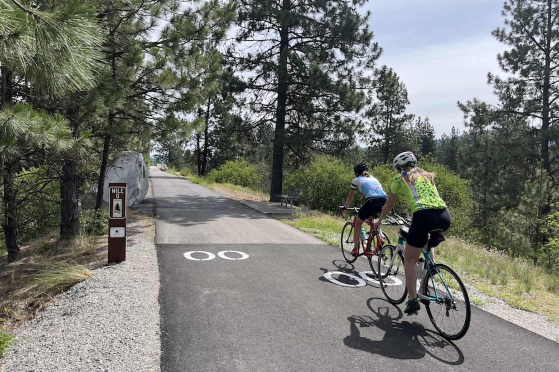 Riders pass the Washington/Idaho state line into Idaho, where the trail becomes the North Idaho Centennial Trail and continues on toward Coeur d’Alene, Idaho, and to the east. Photo by Cindy Barks