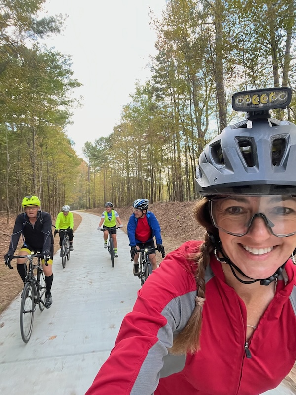 Firefly Trail, Inc. board member Lisa Baynes leads a group of bicyclists on the trail in Greene County, Georgia | Photo courtesy Firefly Trail, Inc.