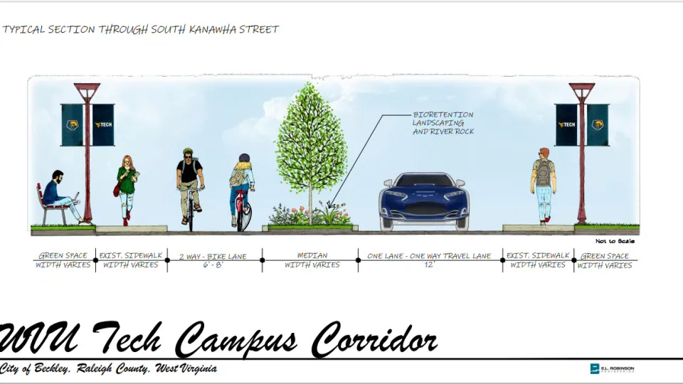 WVU Tech Campus Corridor - Typical Section Through South Kanawha Street | Image courtesy E.L. Robinson Engineering