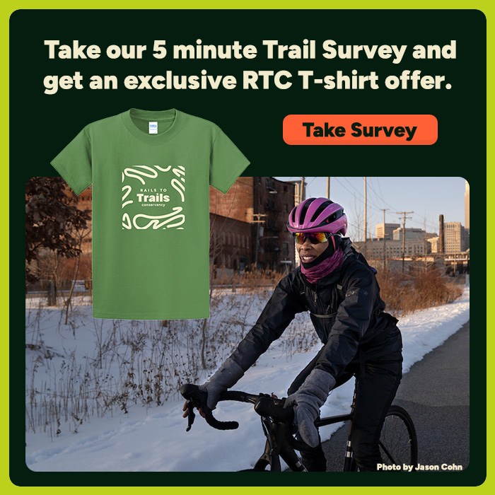 Trail survey graphic with black female bicyclists on trail in winter next to RTC green t-shirt